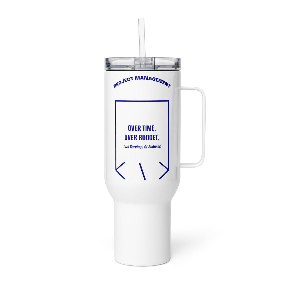 Over Time. Over Budget. — White Navy back mockup (40 oz)