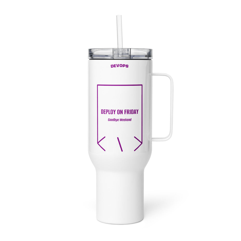 Deploy On Friday — White Purple back mockup (40 oz)
