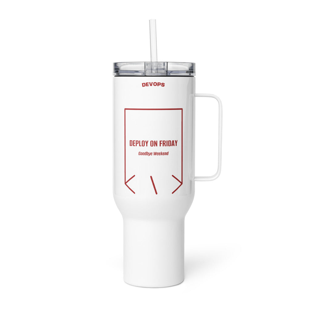 Deploy On Friday — White Brown back mockup (40 oz)