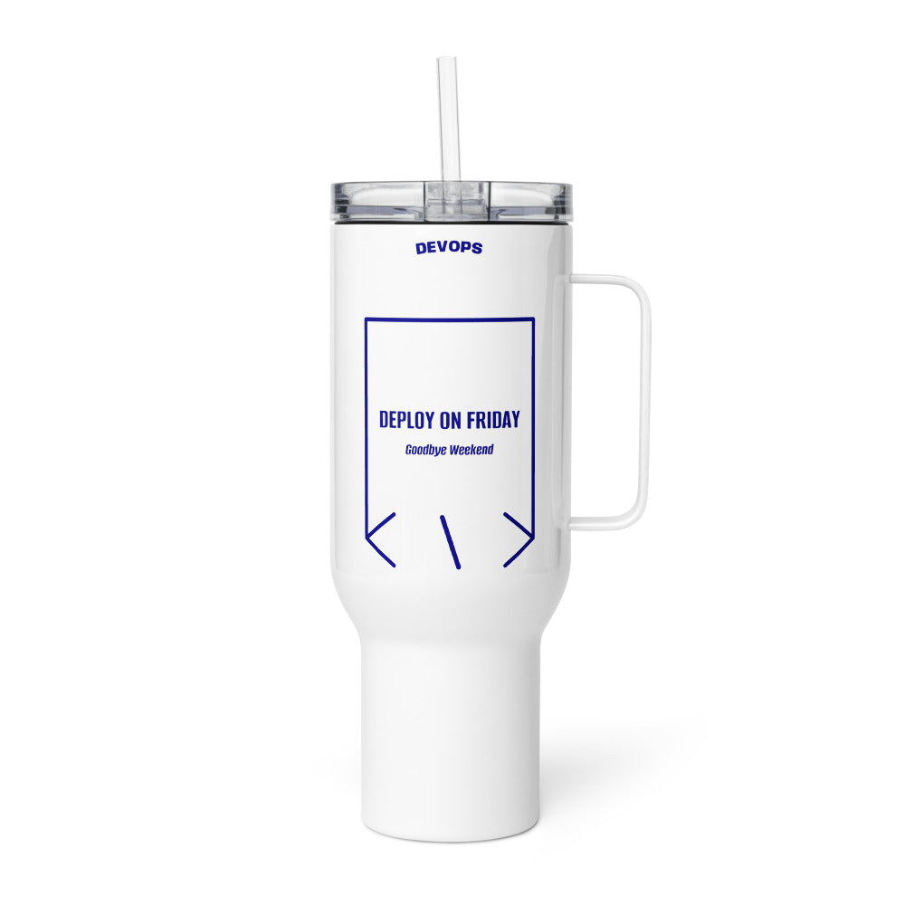Deploy On Friday — White Navy back mockup (40 oz)