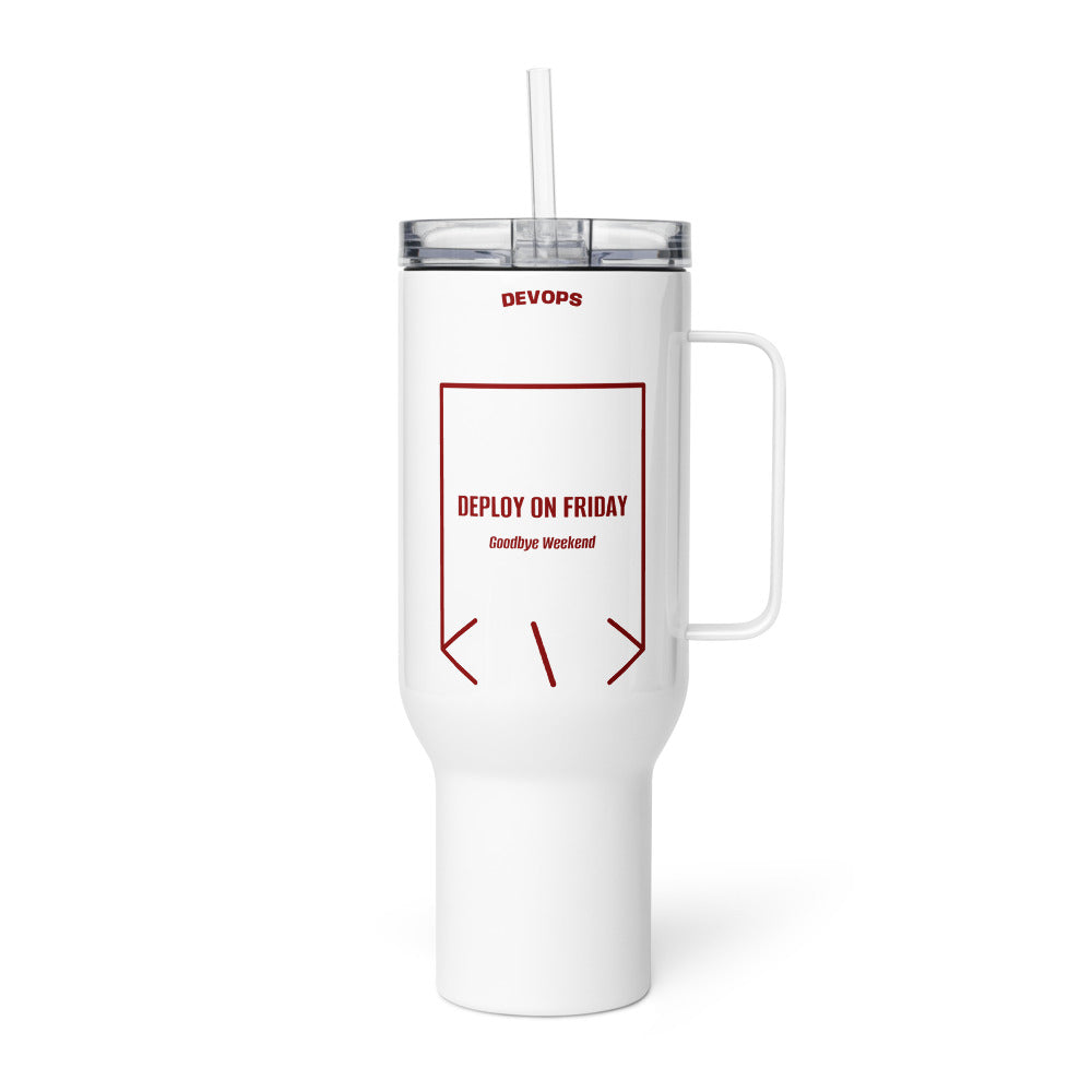 Deploy On Friday — White Maroon back mockup (40 oz)