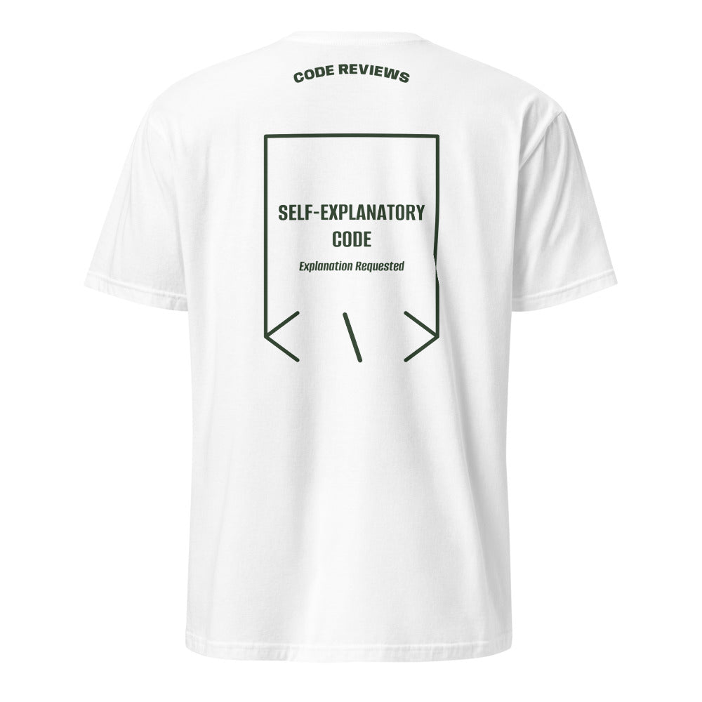 Self-Explanatory Code — White Forest Green back mockup