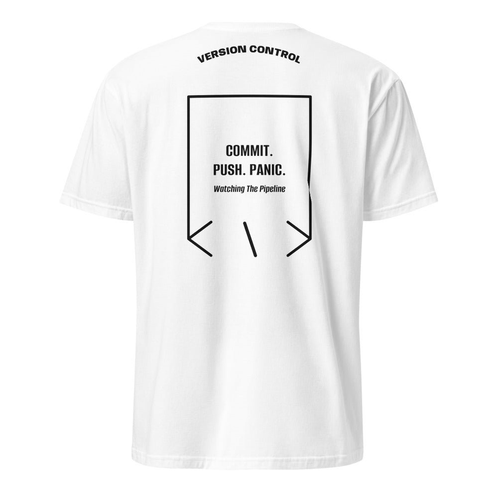 Commit. Push. Panic. — White Black back mockup