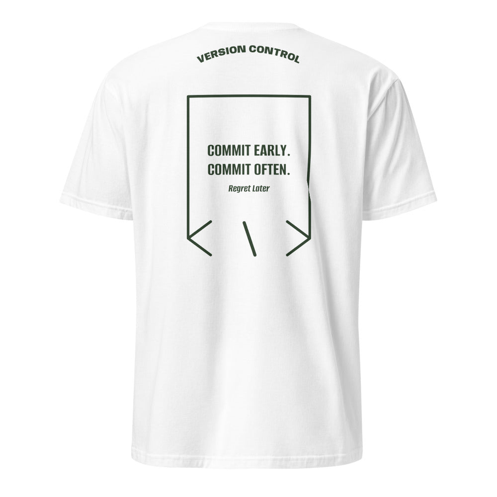 Commit Early. Commit Often. — White Forest Green back mockup