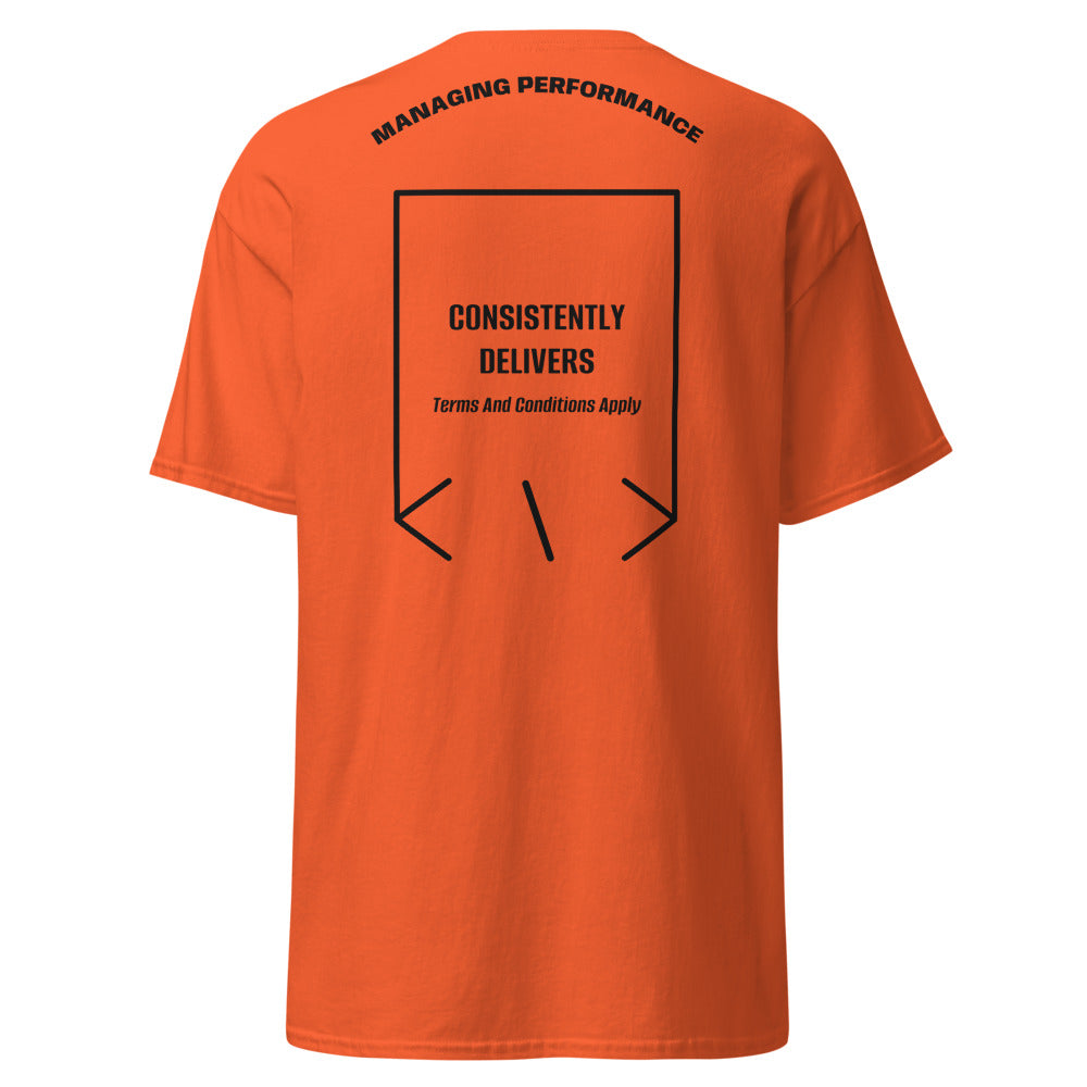 Consistently Delivers — Orange Black back mockup