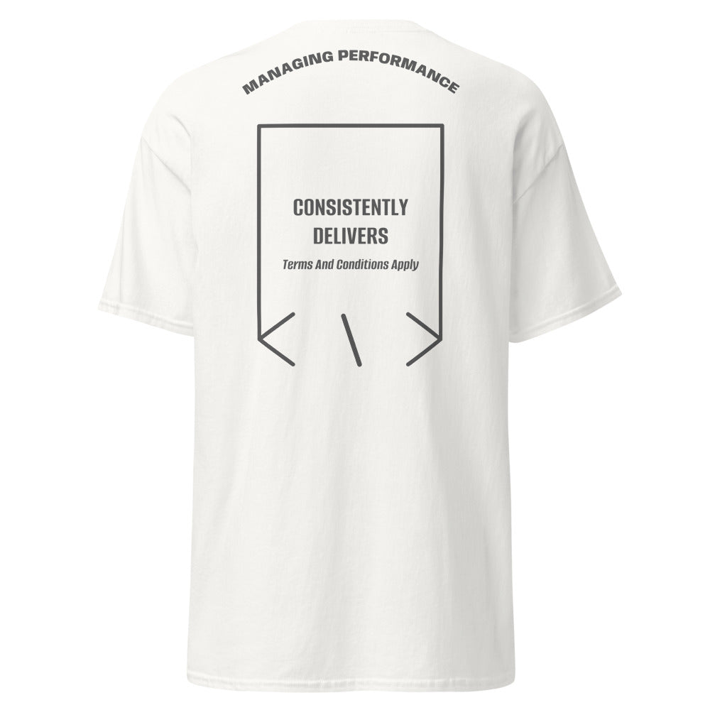 Consistently Delivers — White Dark Heather back mockup