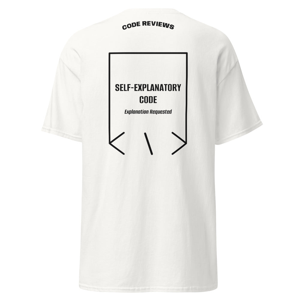 Self-Explanatory Code — White Black back mockup