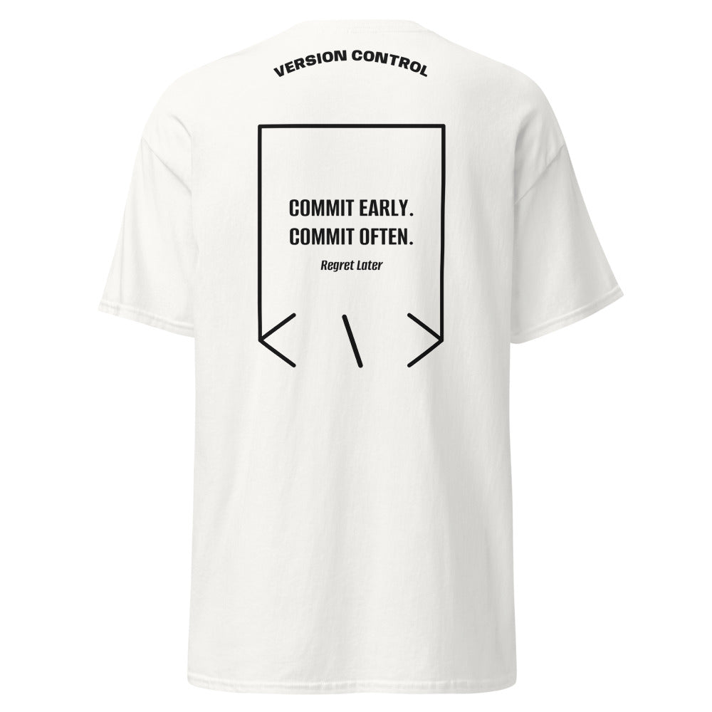 Commit Early. Commit Often. — White Black back mockup