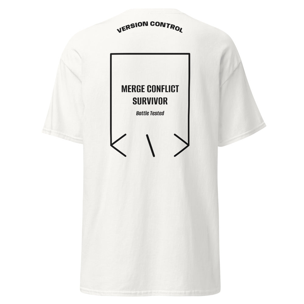 Merge Conflict Survivor — White Black back mockup