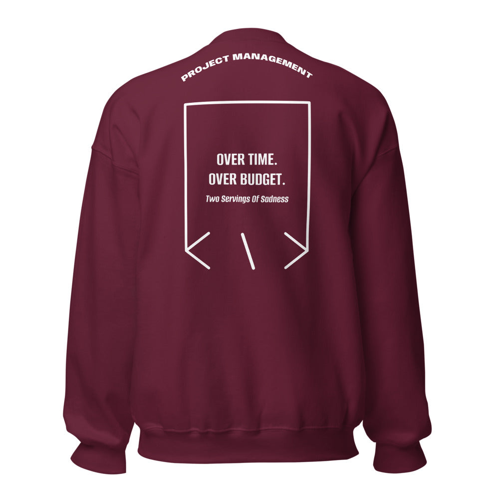 Over Time. Over Budget. — Maroon White back mockup