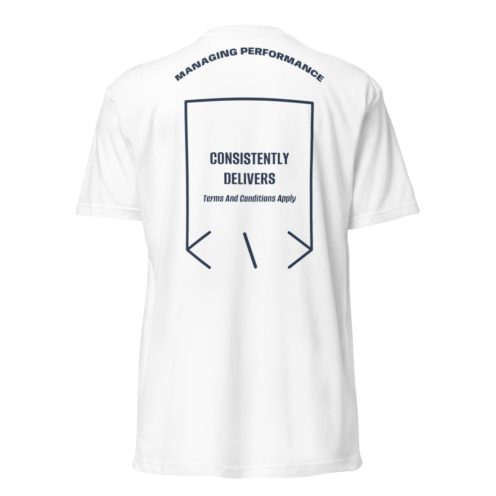 Consistently Delivers — White Midnight Navy back mockup