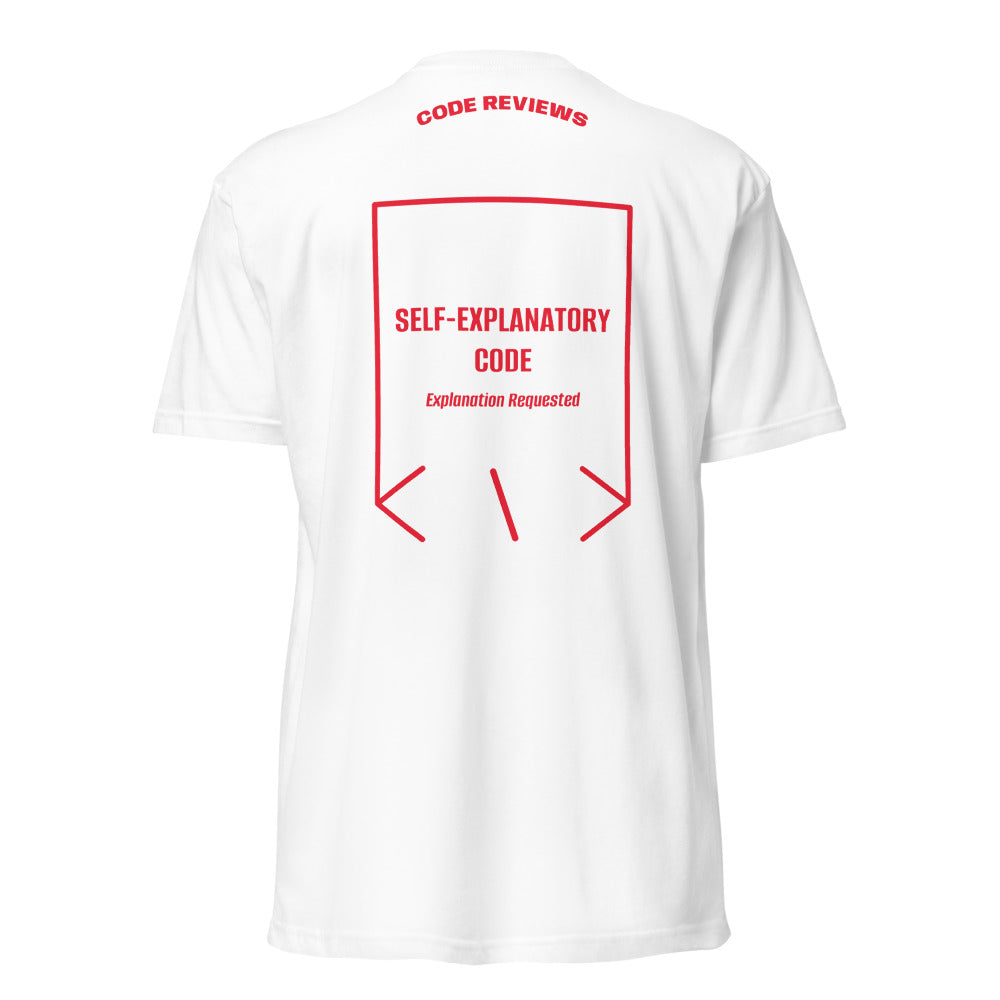 Self-Explanatory Code — White Red back mockup