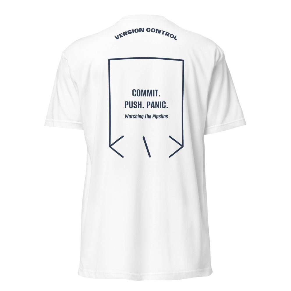 Commit. Push. Panic. — White Midnight Navy back mockup