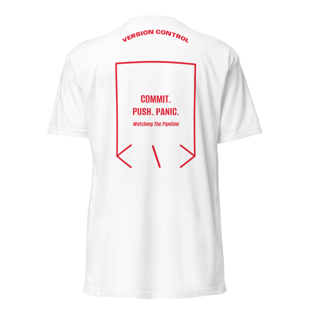 Commit. Push. Panic. — White Red back mockup