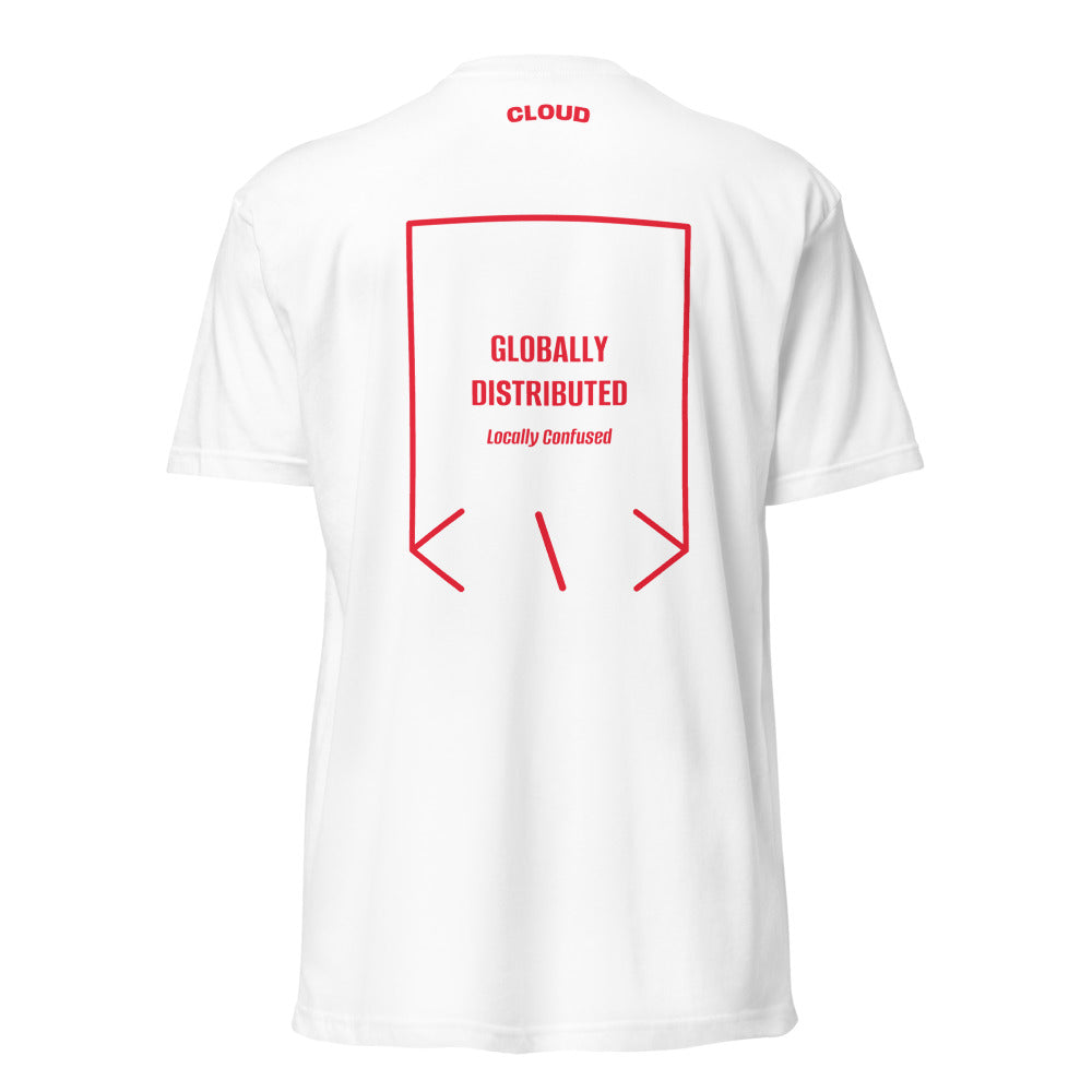 Globally Distributed — White Red back mockup