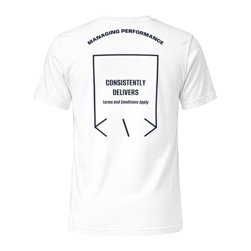 Consistently Delivers — White Navy back mockup