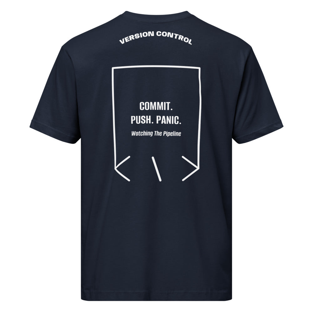 Commit. Push. Panic. — Navy White back mockup