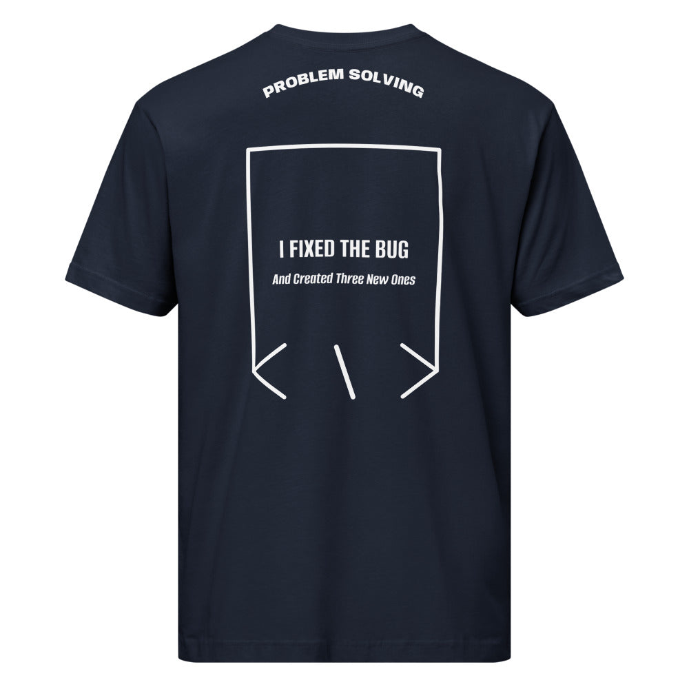 I Fixed The Bug — Navy White back mockup