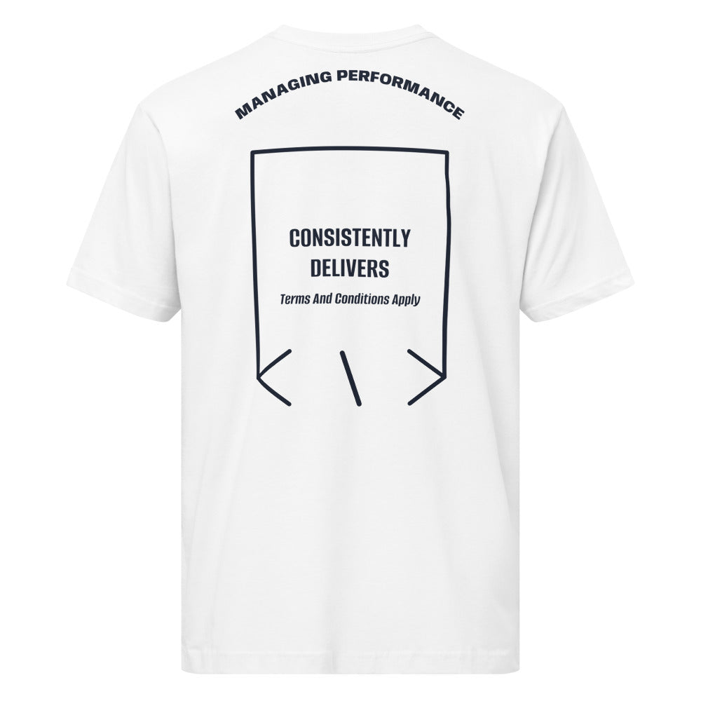 Consistently Delivers — White Navy back mockup