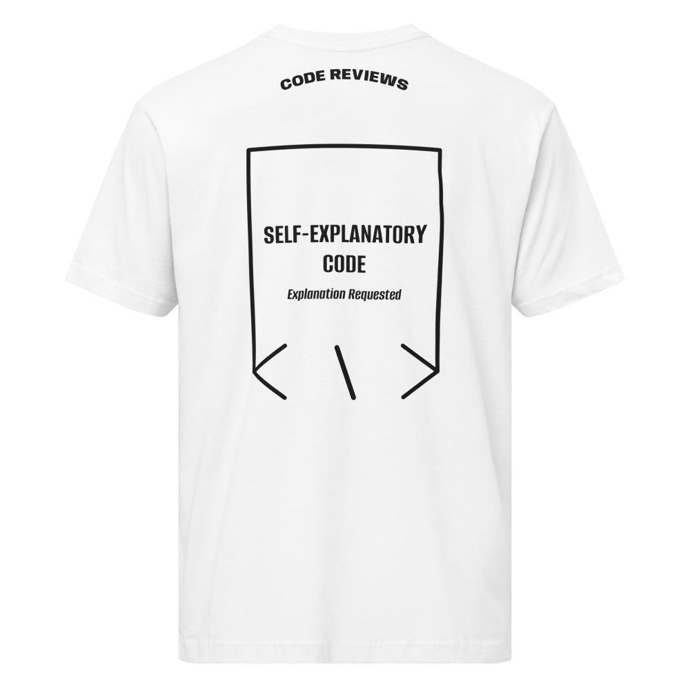 Self-Explanatory Code — White Black back mockup