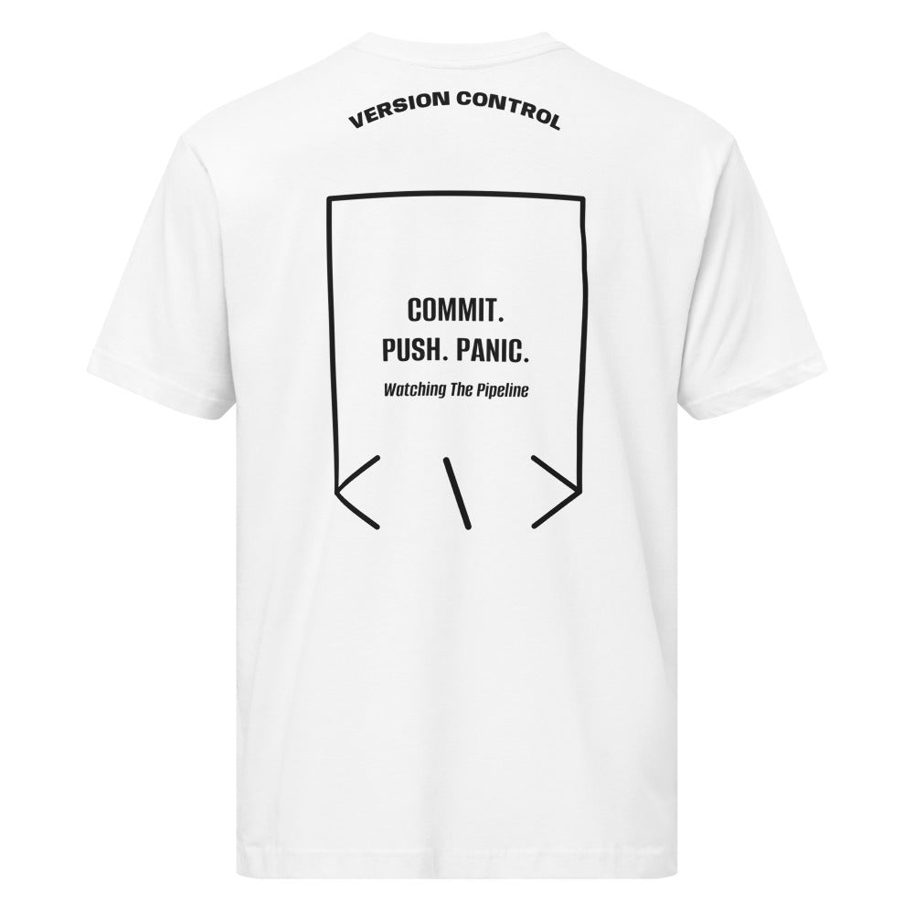 Commit. Push. Panic. — White Black back mockup