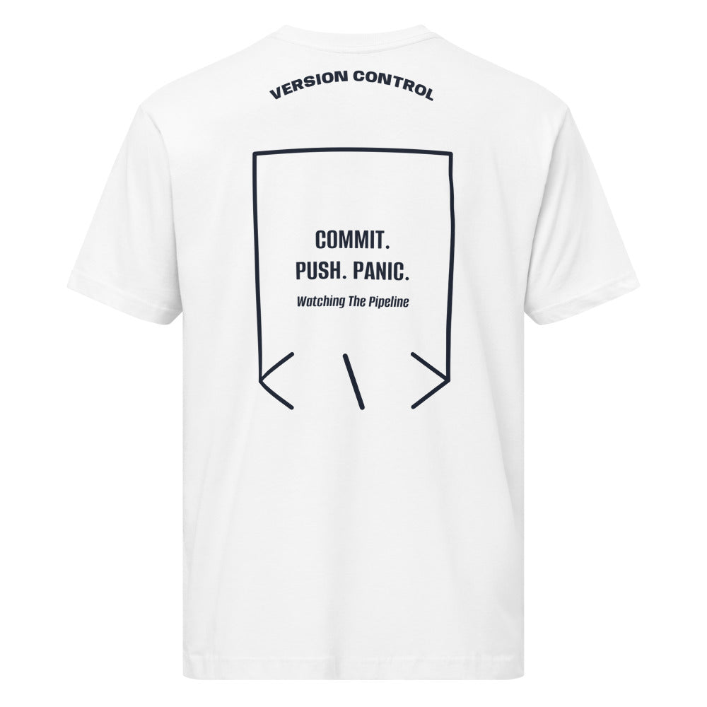 Commit. Push. Panic. — White Navy back mockup