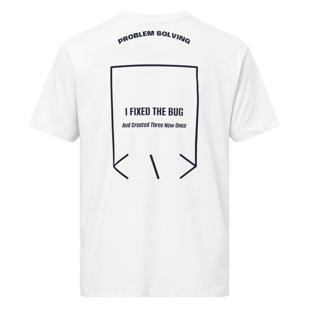 I Fixed The Bug — White Navy back mockup
