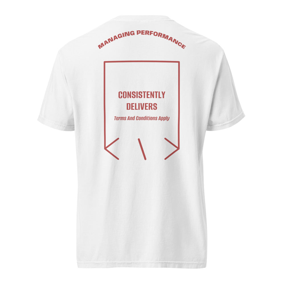 Consistently Delivers — White Crimson back mockup