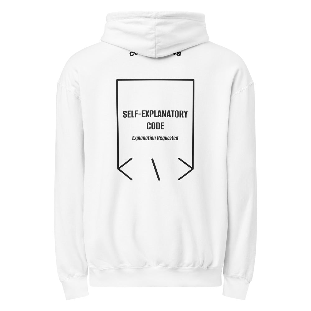 Self-Explanatory Code — White Black back mockup