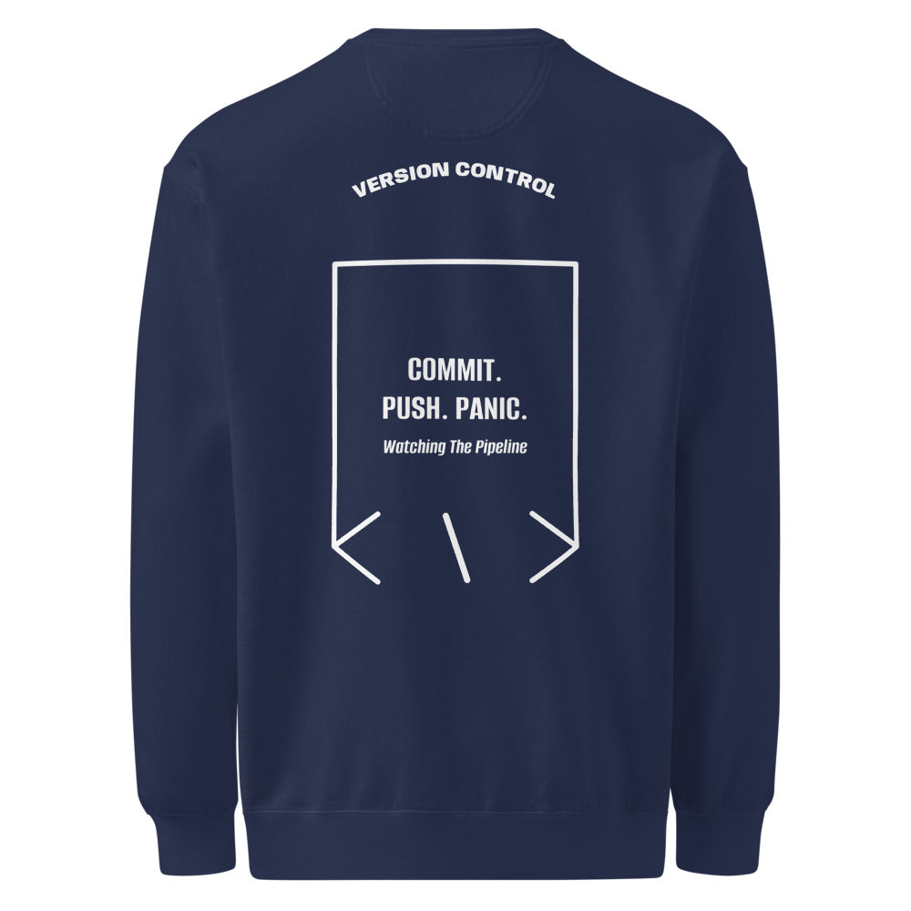 Commit. Push. Panic. — True Navy White back mockup