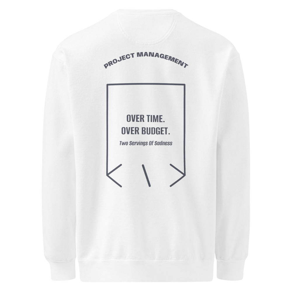 Over Time. Over Budget. — White Denim back mockup