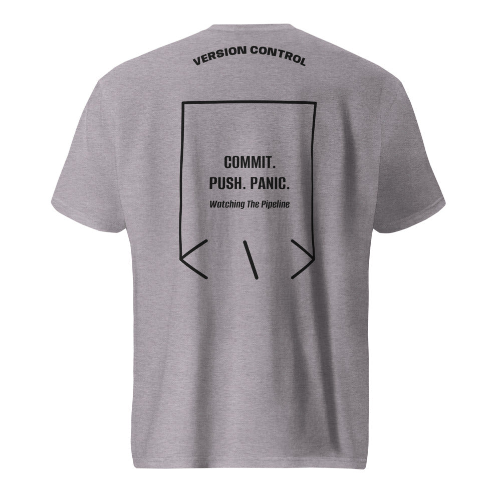 Commit. Push. Panic. — Heather Grey Black back mockup