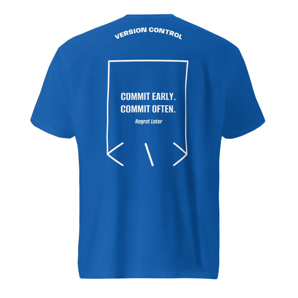 Commit Early. Commit Often. — Royal Blue White back mockup