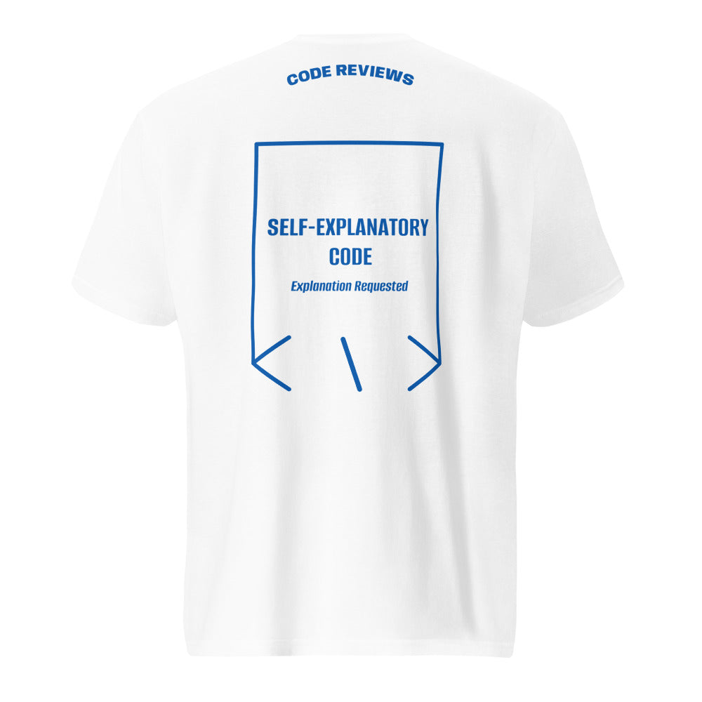 Self-Explanatory Code — White Royal Blue back mockup