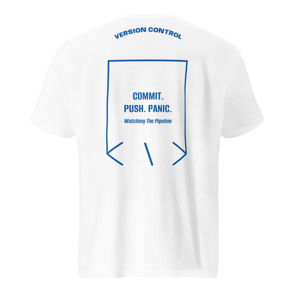 Commit. Push. Panic. — White Royal Blue back mockup