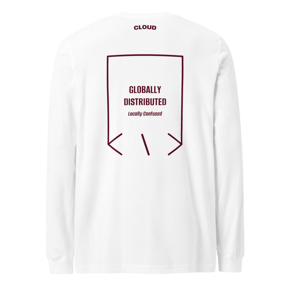 Globally Distributed — White Maroon back mockup