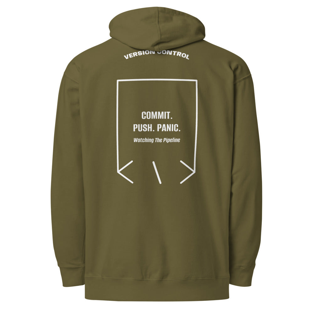 Commit. Push. Panic. — Army White back mockup