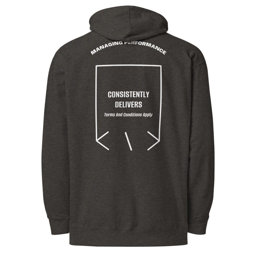 Consistently Delivers — Charcoal Heather White back mockup