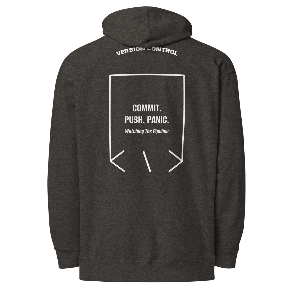 Commit. Push. Panic. — Charcoal Heather White back mockup