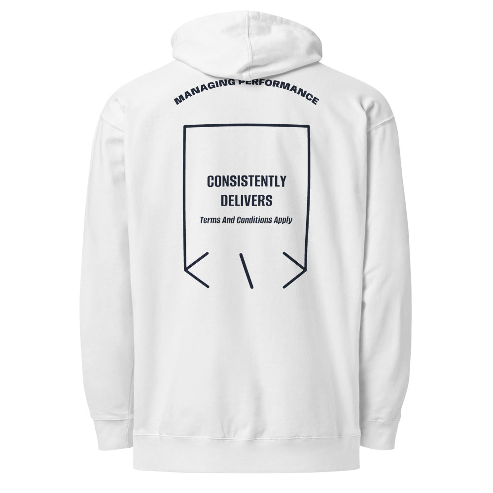 Consistently Delivers — White Classic Navy back mockup