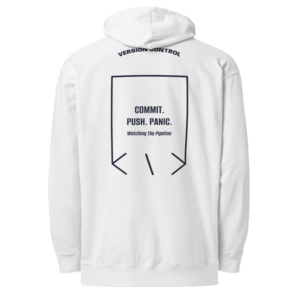 Commit. Push. Panic. — White Classic Navy back mockup
