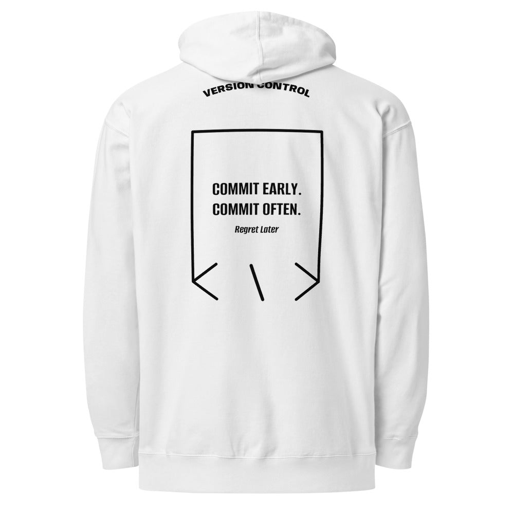 Commit Early. Commit Often. — White Black back mockup
