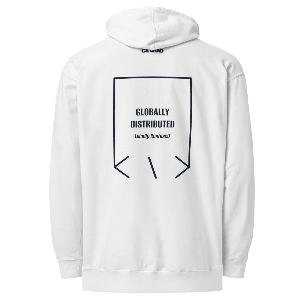 Globally Distributed — White Classic Navy back mockup