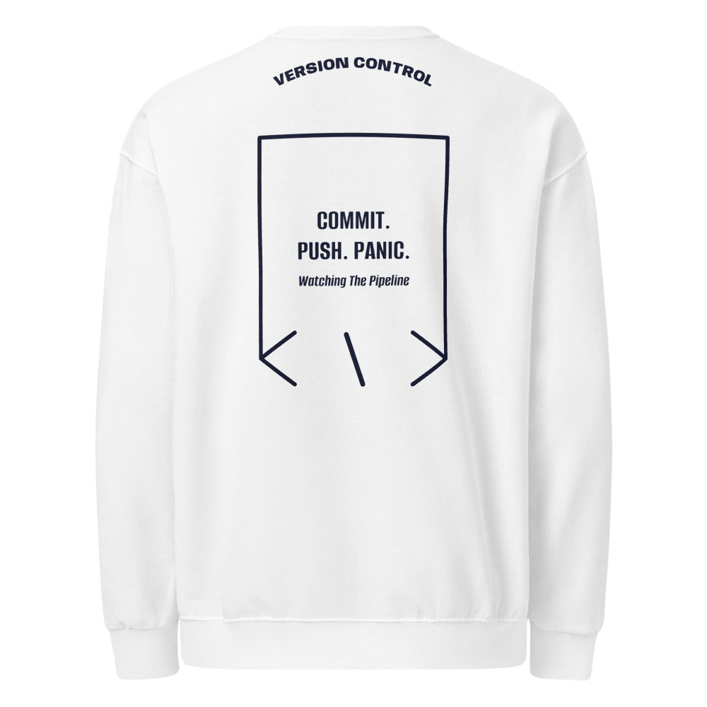 Commit. Push. Panic. — White J. Navy back mockup