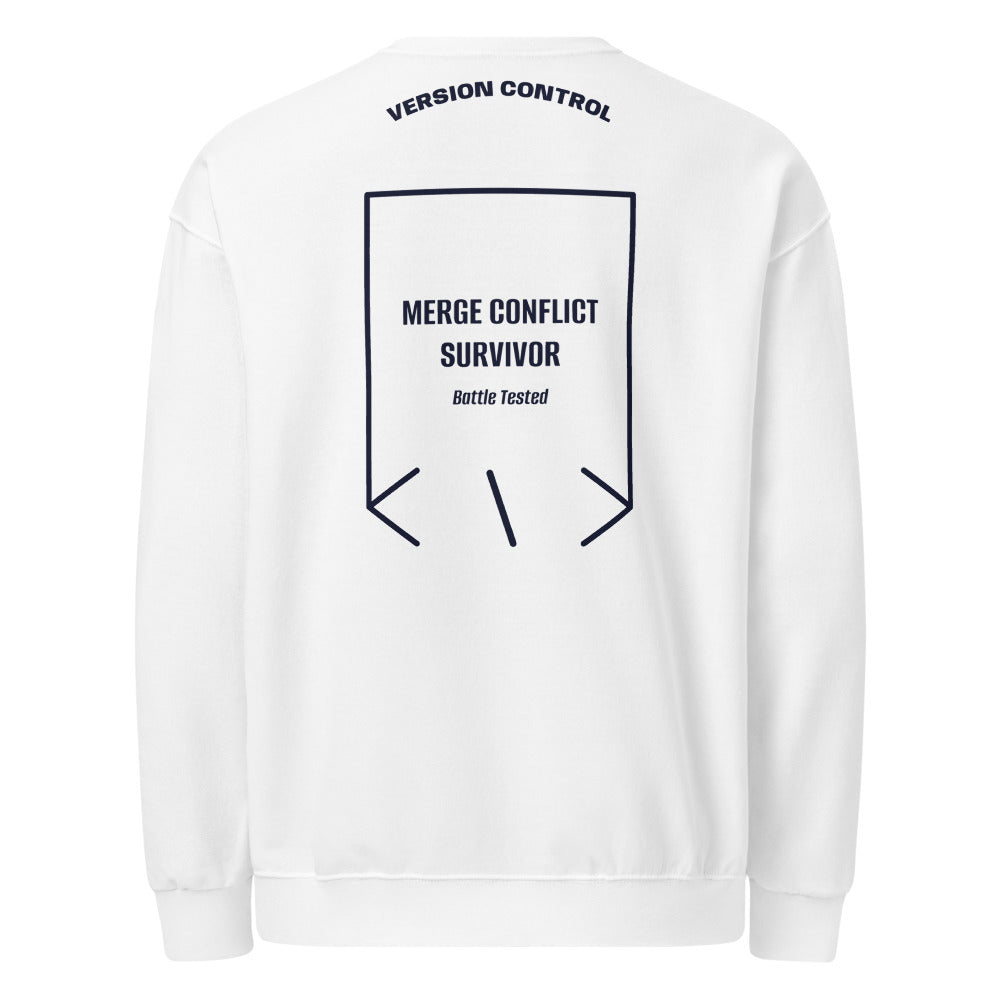 Merge Conflict Survivor — White J. Navy back mockup