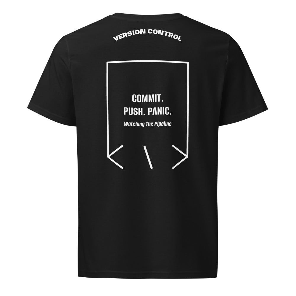 Commit. Push. Panic. — Black White back mockup