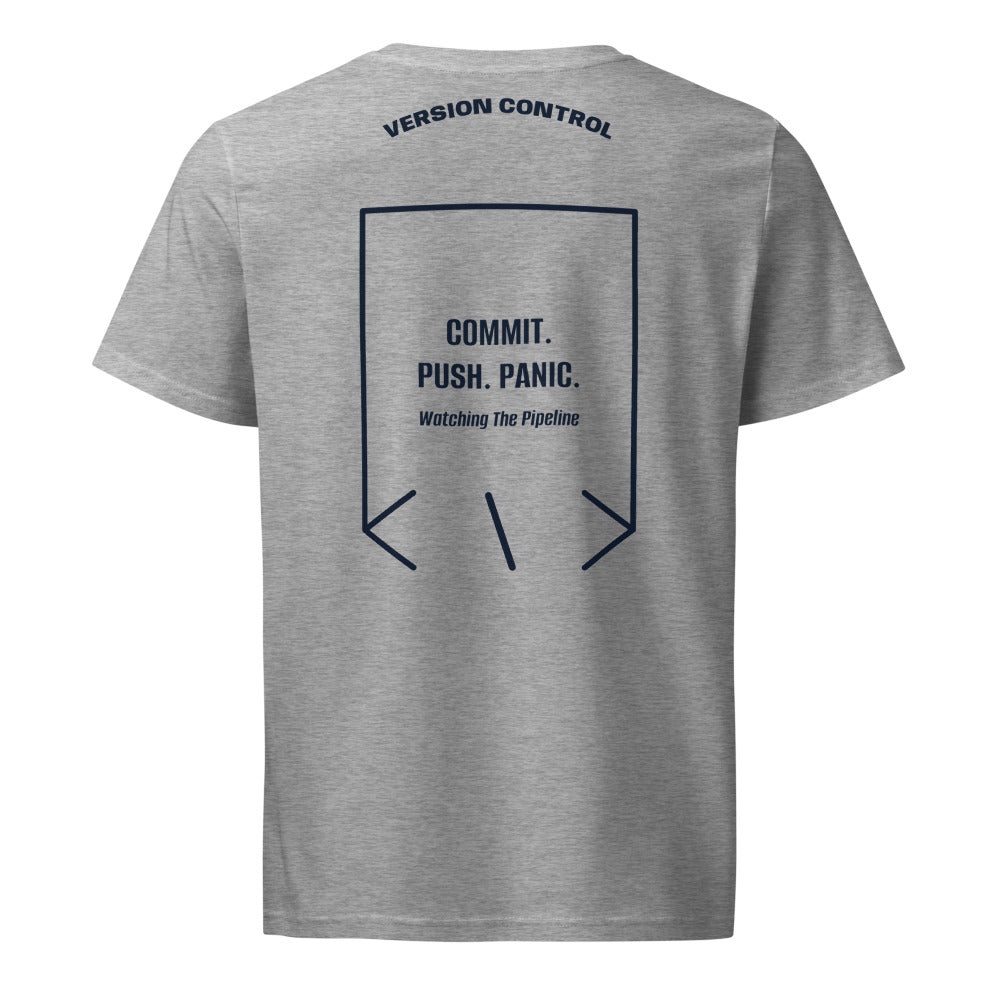 Commit. Push. Panic. — Heather Grey French Navy back mockup