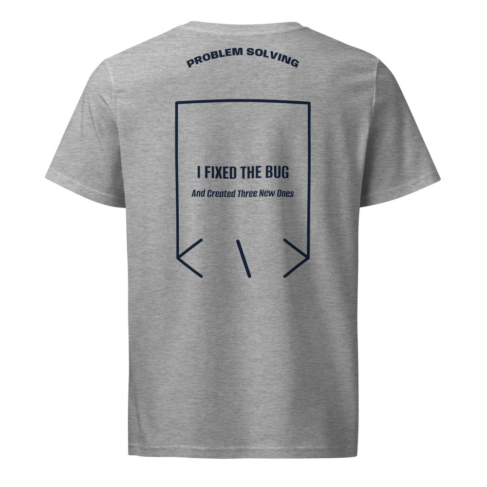 I Fixed The Bug — Heather Grey French Navy back mockup