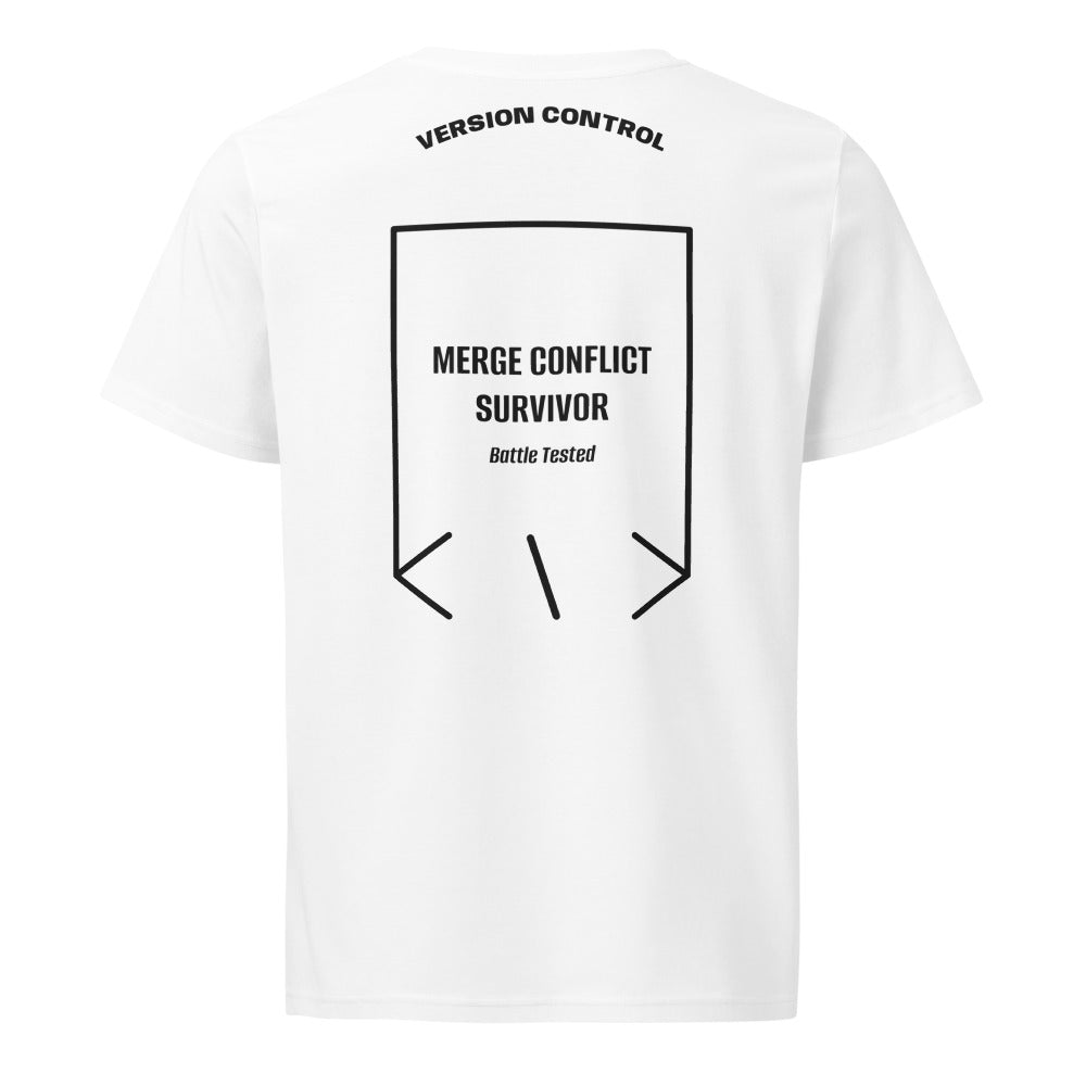 Merge Conflict Survivor — White Black back mockup