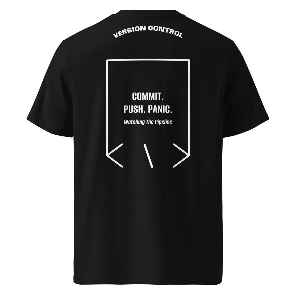 Commit. Push. Panic. — Black White back mockup